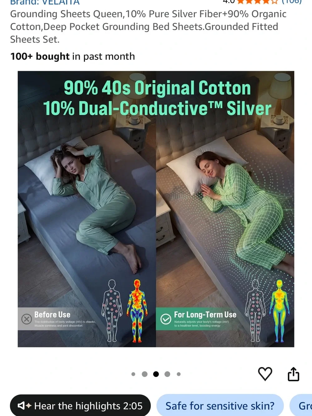 NEW VELAITA Grounding Fitted Sheet Queen Gray Organic Cotton Silver Fiber